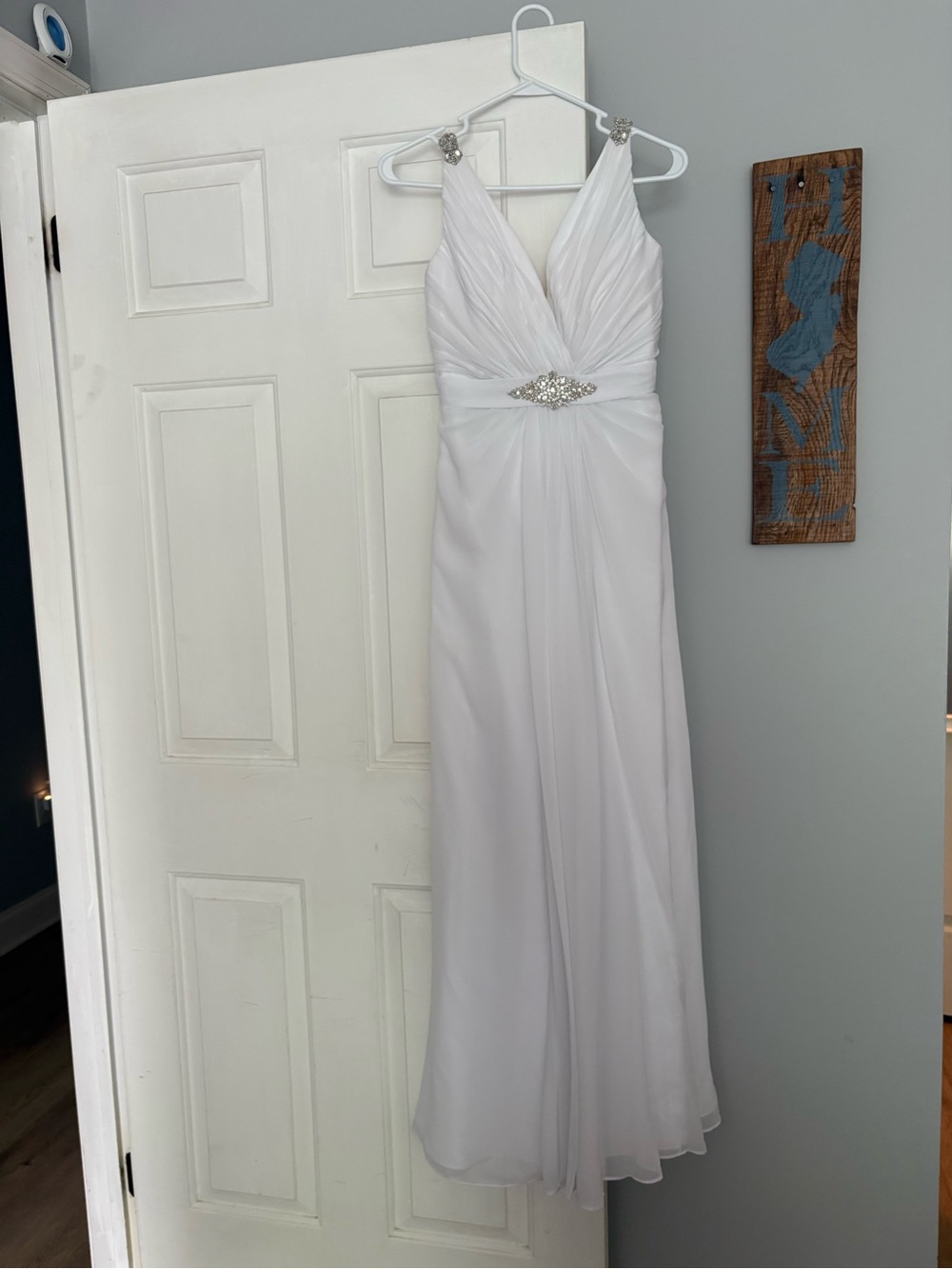 David's Bridal White V-Neck Beaded Waist Wedding Dress